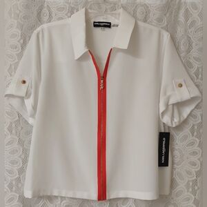Karl Lagerfeld White Zip-Front Short Sleeve Top with Red Trim
